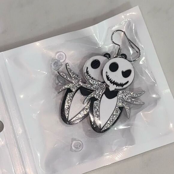 Jack Skellington black white and glitter drop earrings | Sz OS, New - Picture 2 of 4